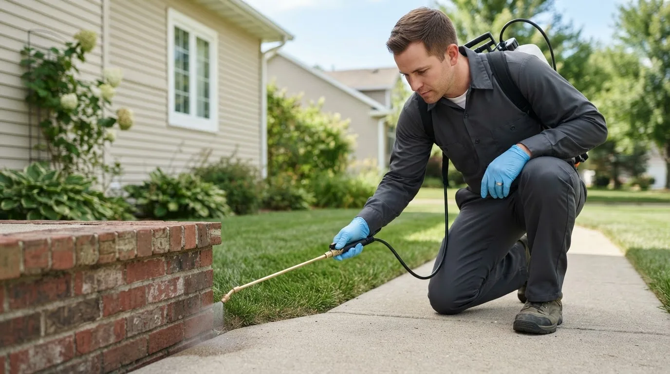 Pest control technician treating a home near Coralville, IA