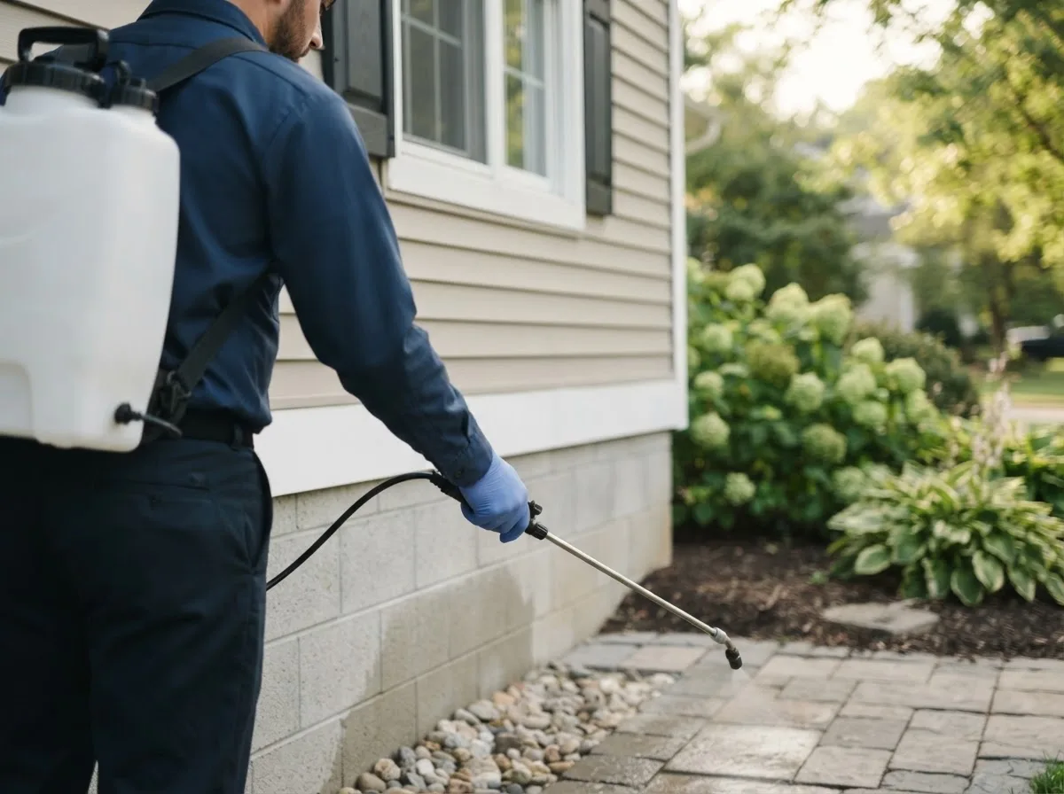 Pest control technician inspecting a home in Coralville, IA